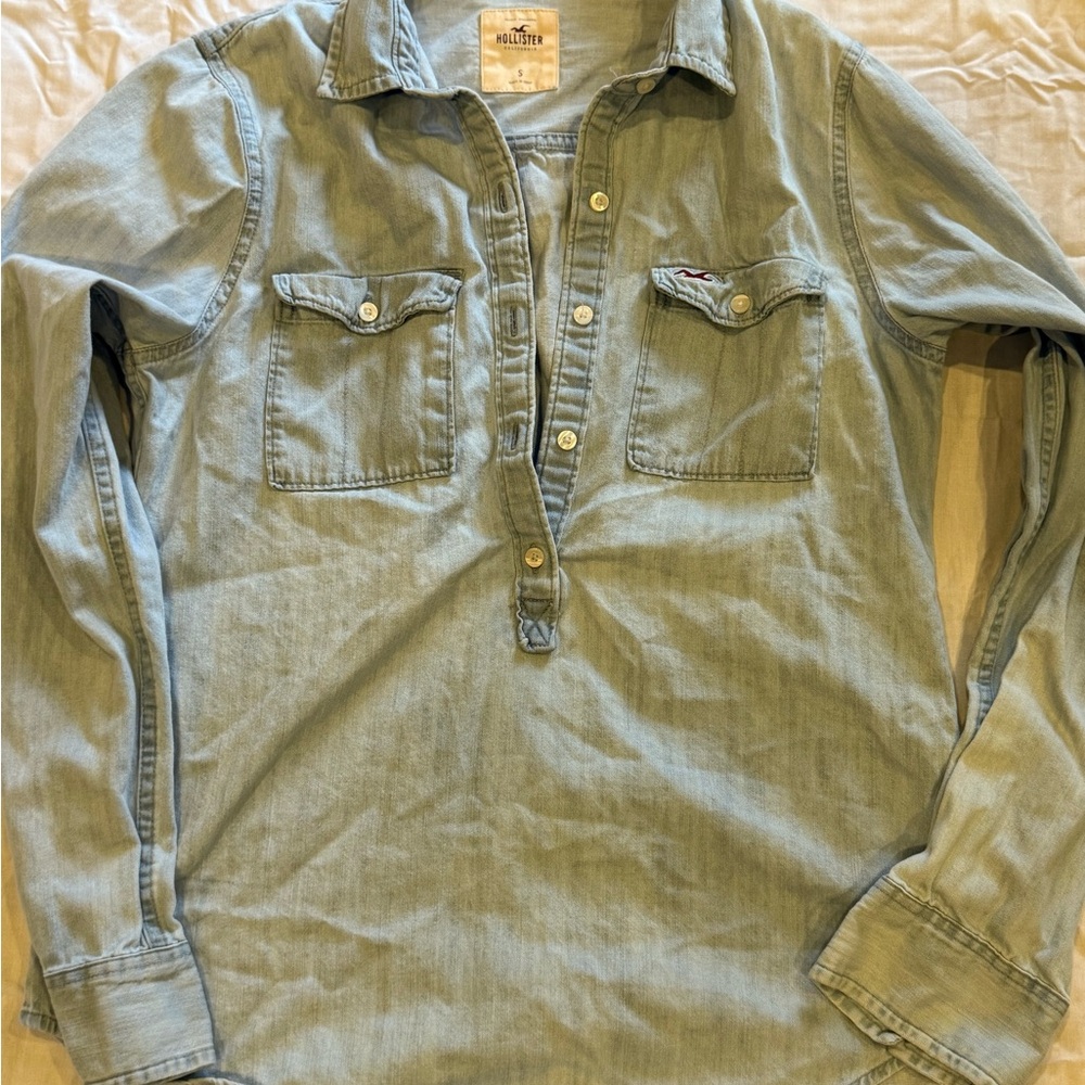 Hollister Light Blue Long Sleeve Jean top size small